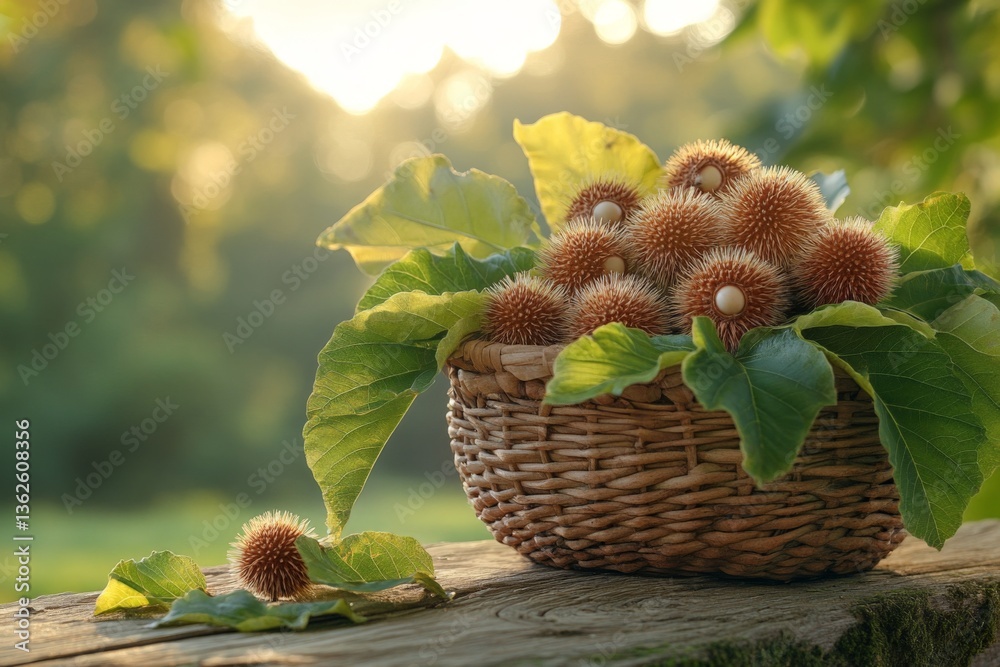 Poster basket filled with freshly harvested chestnuts resting on a wooden table in a serene forest setting 