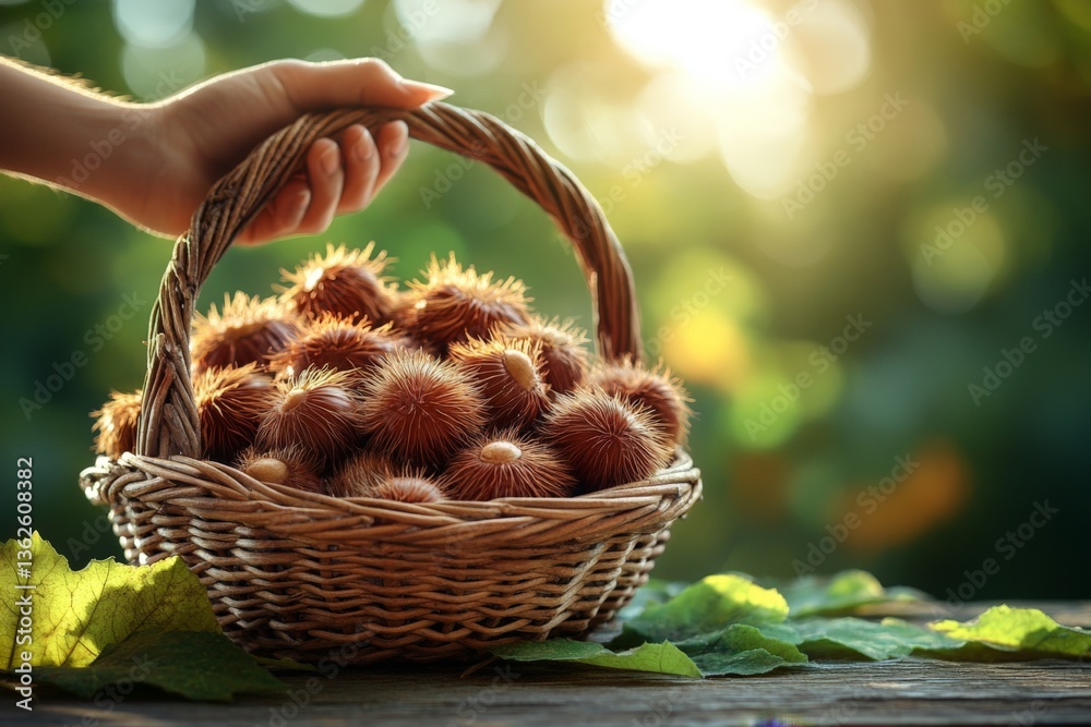 Poster hand holding a basket filled with chestnuts during golden hour in an autumn forest setting