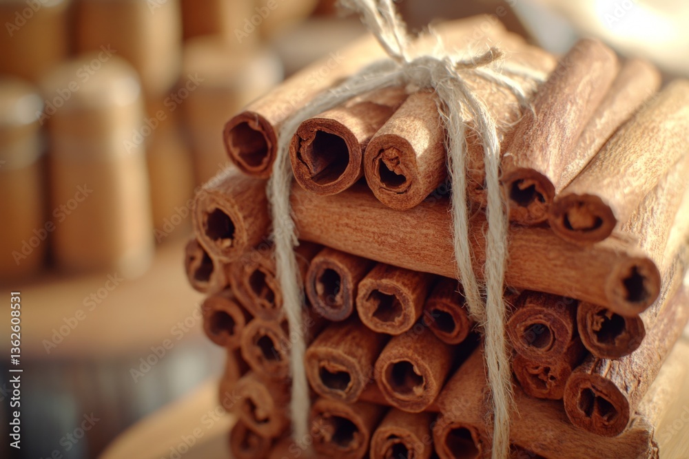 Poster Cinnamon sticks tied with twine arranged on a wooden surface in a marketplace setting during daylight