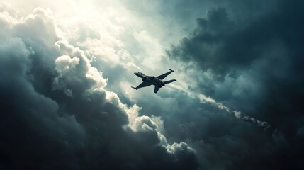 Naklejka premium Fighter jet breaking through storm clouds, sunlight backdrop, aerial warfare concept