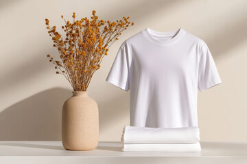 Minimalist interior design with white t-shirt, textured vase, and dried flowers composition