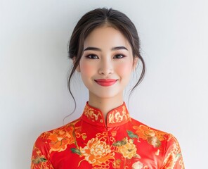 Portrait of Smiling Asian Woman Wearing Traditional Red Cheongsam Dress