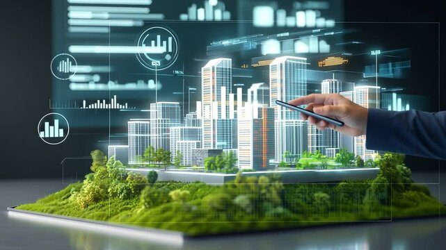 Smart City Vision: A visionary's hand guides a virtual architectural model, showcasing a smart city concept with interactive data displays, symbolizing innovation and urban planning.