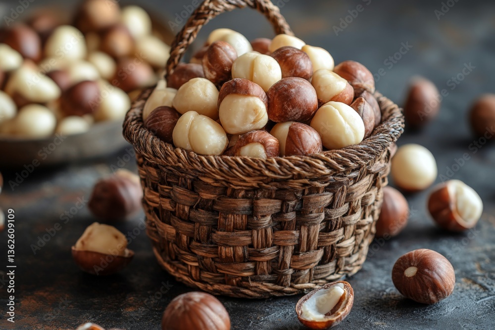 Poster Freshly harvested nuts in a woven basket with scattered shells on a rustic surface
