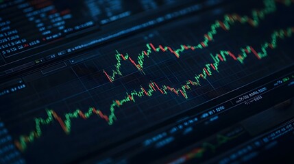 Close-up shot of a computer screen displaying a stock market chart with green and red candlestick patterns.