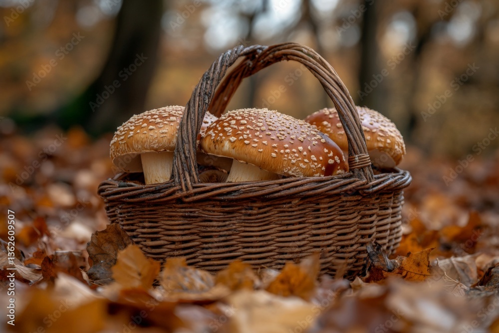 Poster gathering fresh mushrooms in a woven basket on a crisp autumn day surrounded by fallen leaves in a t