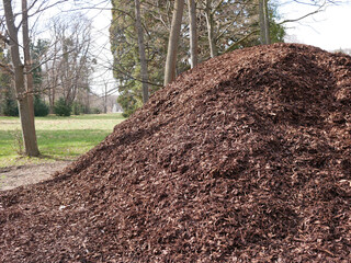 A pile of bark mulch. Natural fertilizer made of plant humus for soil enrichment. Vienna,...
