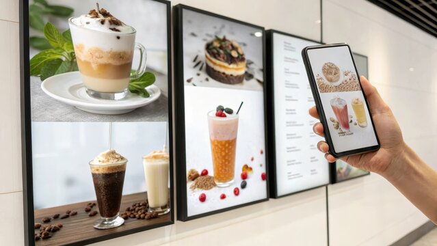 Coffee beverages displayed on digital screens in a cafe setting with a hand holding a smartphone.