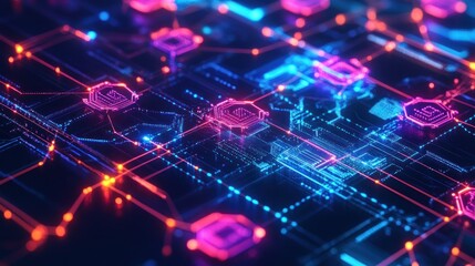 Digital Currency Network, glowing nodes, circuit board, data flow, tech background