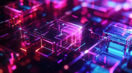 Fototapeta premium A cyberpunk tech background with shattered transparent hexagons, neon reflections, digital matrix vibe