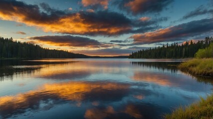 Fototapeta premium A serene lake at sunset, reflecting colorful clouds and surrounded by forested land.