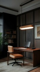 Fototapeta premium Modern home office interior design with dark wood furniture, leather chair, and minimalist pendant light.