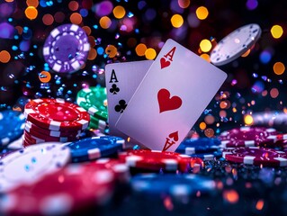 Casino themed imagery with bokeh backdrop featuring poker chips and ace cards