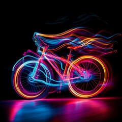 Fototapeta premium Neon Bicycle in Motion with Colorful Light Trails at Night