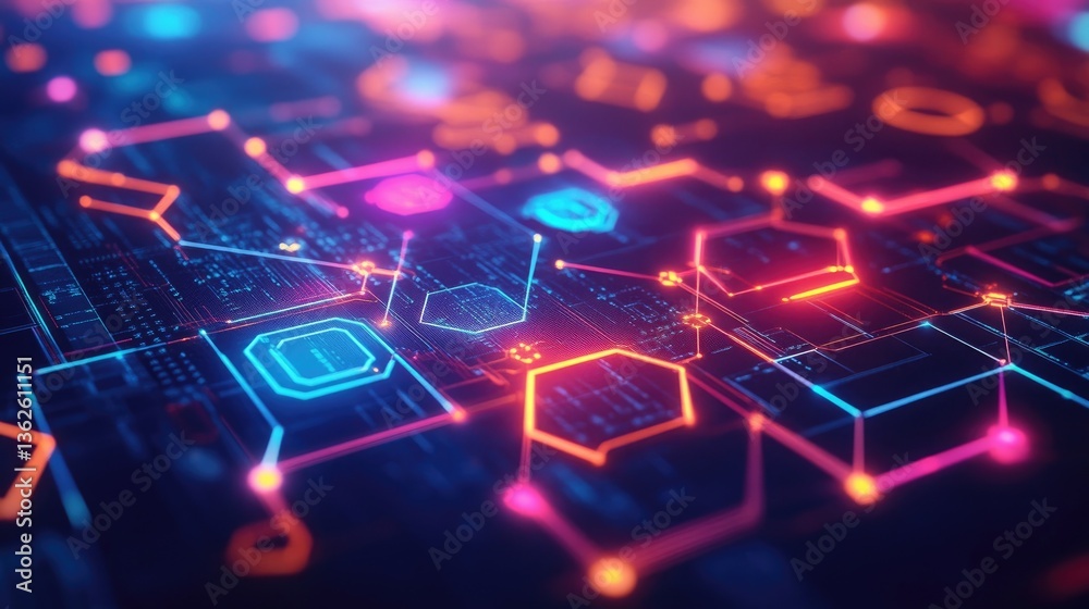 Poster abstract glowing blockchain network with smart contract integration, real-time transactions, and enc