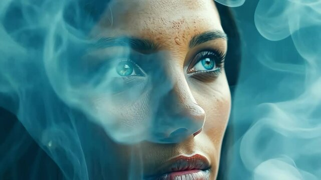 A woman is in a cloud of smoke, with her eyes open and looking at the camera. The smoke is thick and dense, creating a hazy atmosphere. The woman's expression is mysterious and contemplative