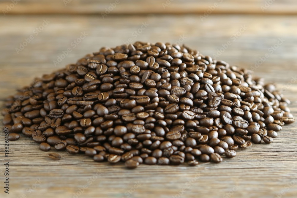 Poster freshly roasted coffee beans arranged on a wooden surface create an inviting atmosphere for coffee e