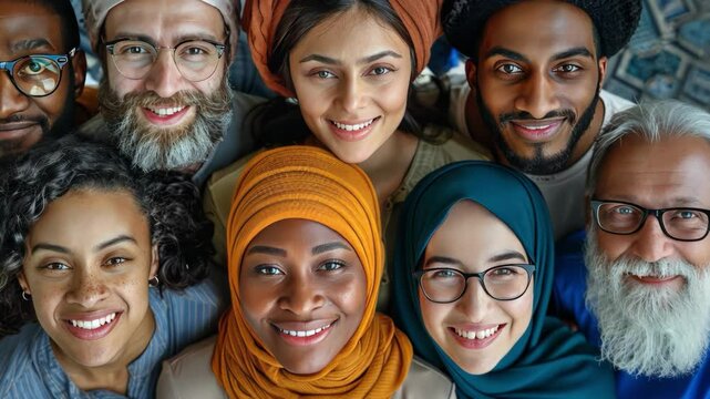 A group of people with different ethnicities and one of them is wearing a turban. They are all smiling and posing for a picture