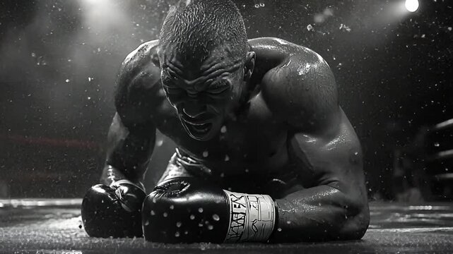 Boxer in the ring, water splash, dramatic moment, action shot, boxing match