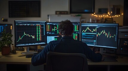 Stock trader working late at night, analyzing financial data on multiple monitors.  Focus on the back of the person, emphasizing the intense work environment.