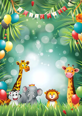 A colorful jungle-themed backdrop featuring cartoon animals for a party or celebration.