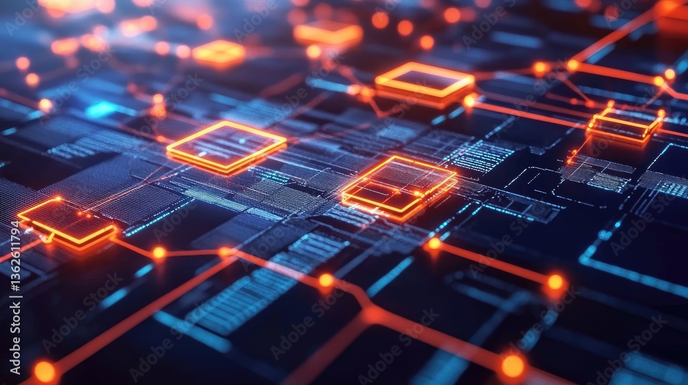 Poster abstract representation of blockchain technology with connected data blocks, glowing transaction nod
