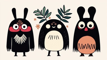 Fototapeta premium Three Playful Cartoon Creatures with Rabbit Ears and Leaves