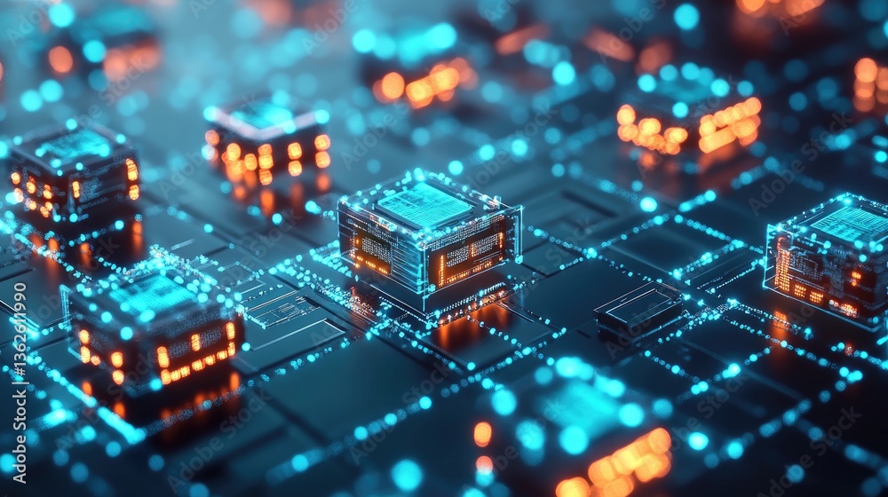 Poster abstract representation of blockchain technology with connected data blocks, glowing transaction nod