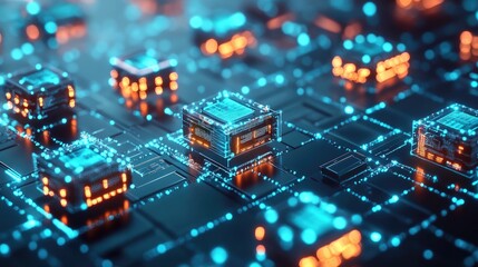 Abstract representation of blockchain technology with connected data blocks, glowing transaction nodes, and financial security.