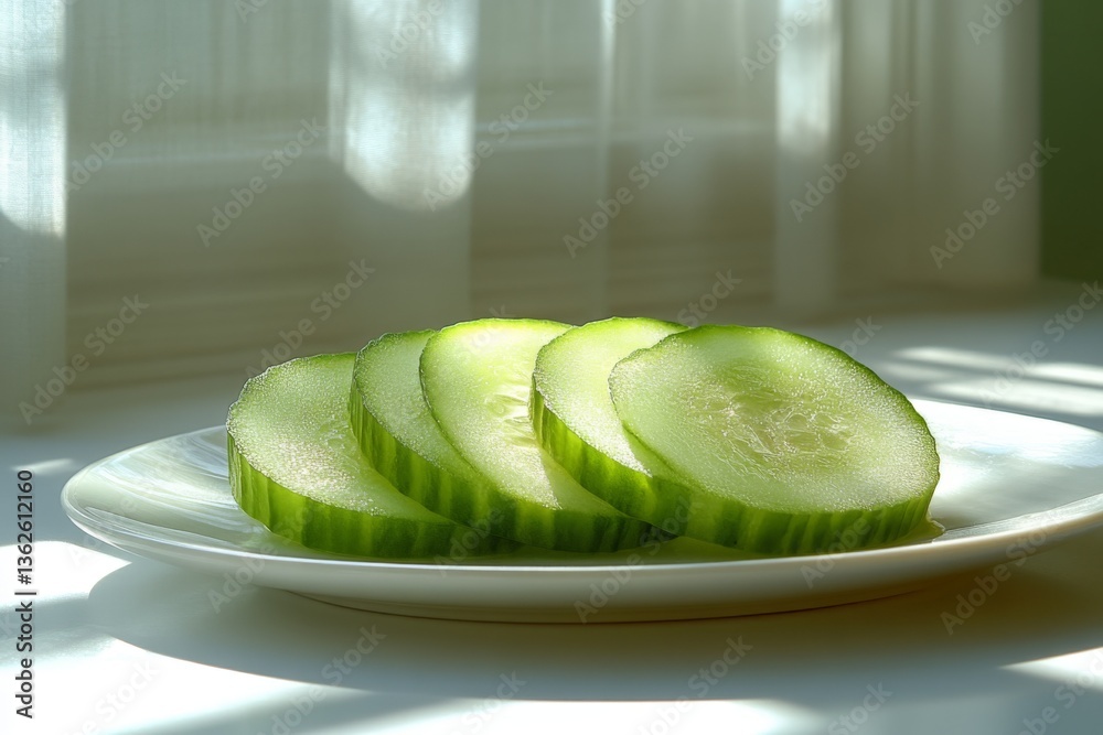 Poster Fresh cucumber slices arranged neatly on a white plate near a window with soft sunlight illuminating the scene