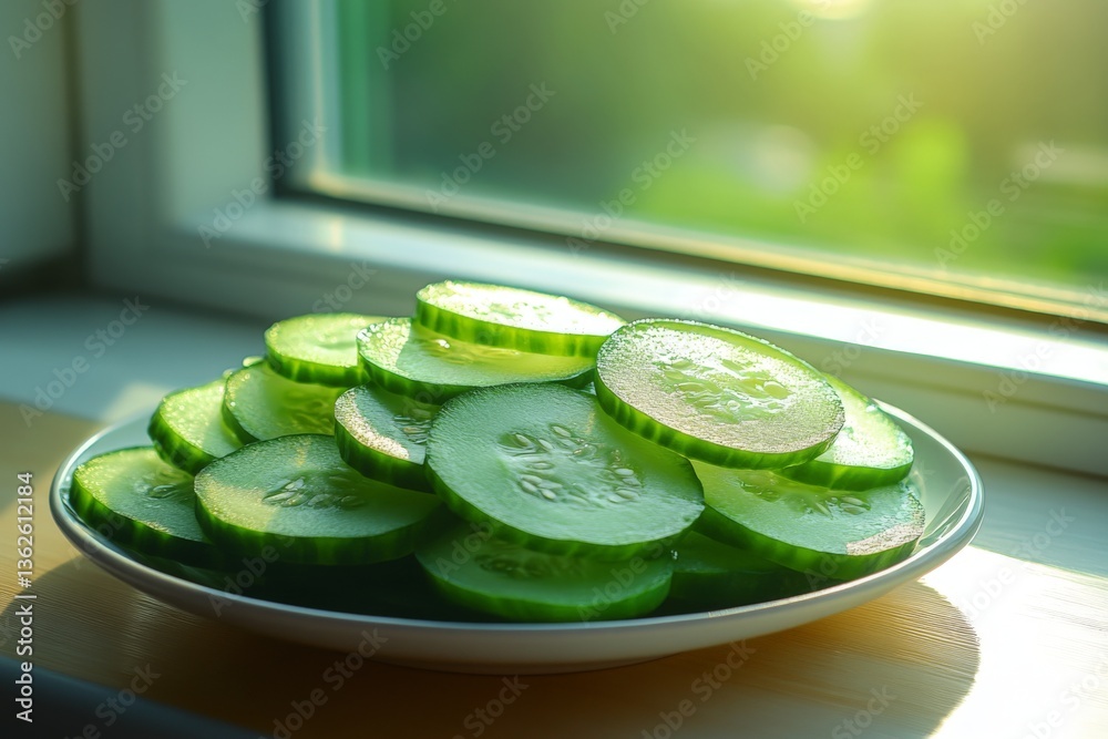 Poster Fresh cucumber slices arranged on a plate near a sunlit window during the afternoon hours