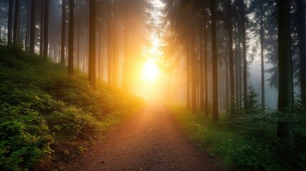 Obraz premium A dreamy forest pathway with sunlight faintly breaking through thick fog