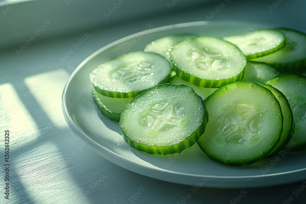 Poster freshly sliced cucumbers arranged on a white plate illuminated by soft sunlight in a cozy kitchen se