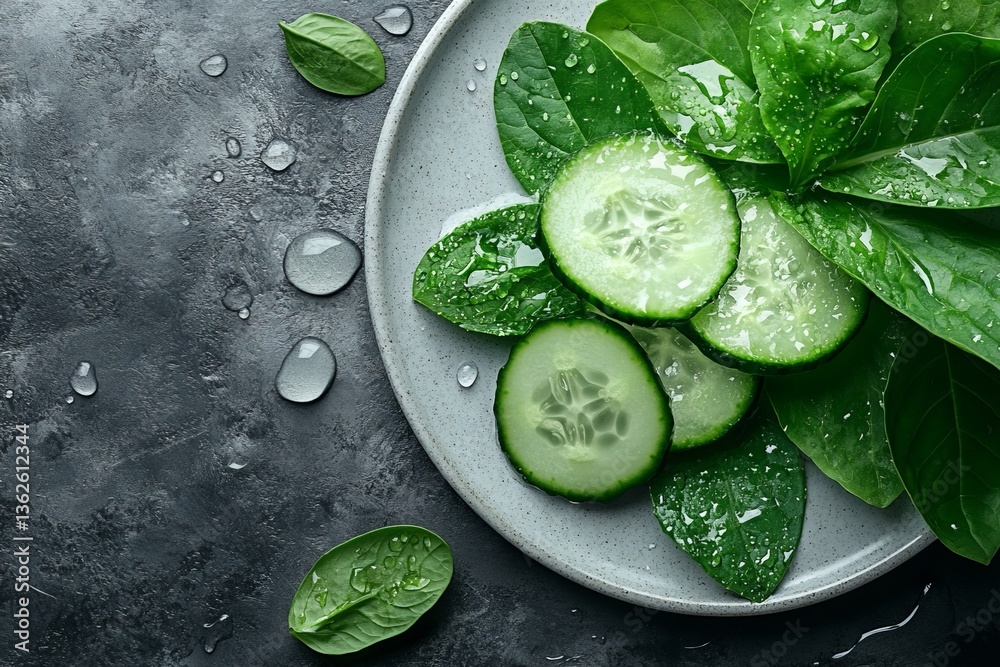 Poster freshly sliced cucumbers and leafy spinach on a textured plate with water droplets
