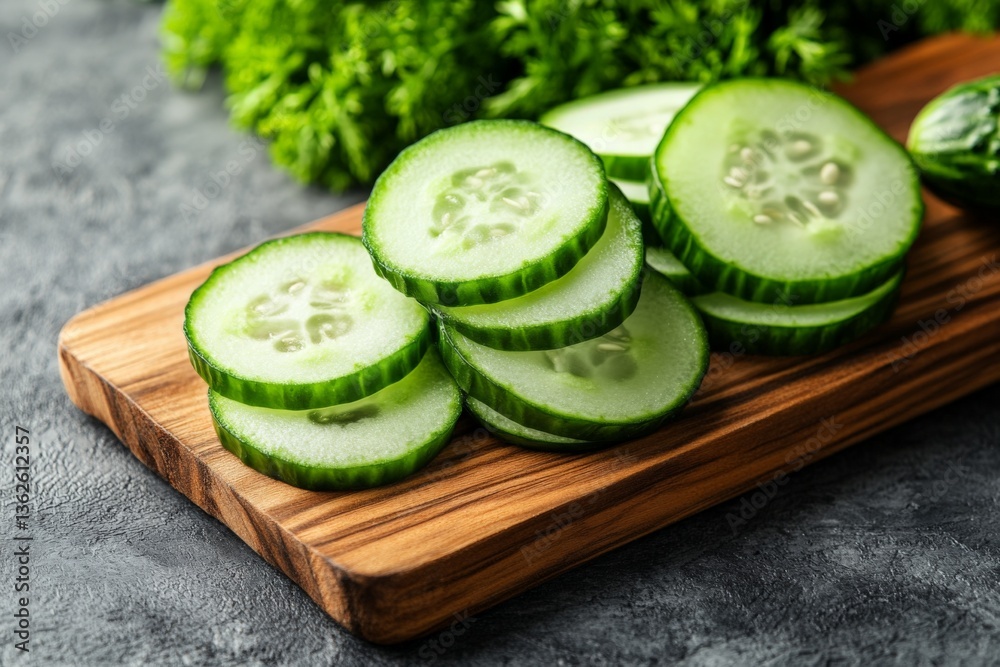 Poster freshly sliced cucumbers arranged on a wooden cutting board surrounded by vibrant greens