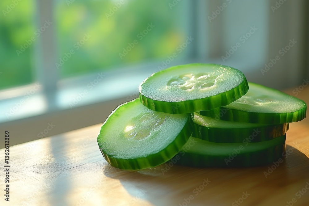 Poster Freshly sliced cucumber resting on a wooden surface in sunlight by the window