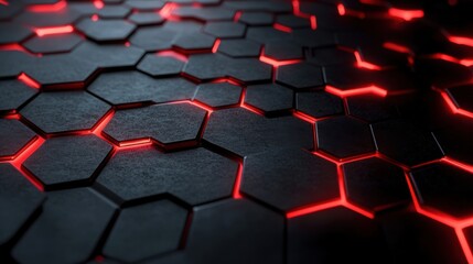 Fototapeta premium A dark honeycomb-patterned background with illuminated red hexagonal edges, industrial sci-fi theme, subtle reflections