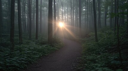 Obraz premium A dreamy forest pathway with sunlight faintly breaking through thick fog