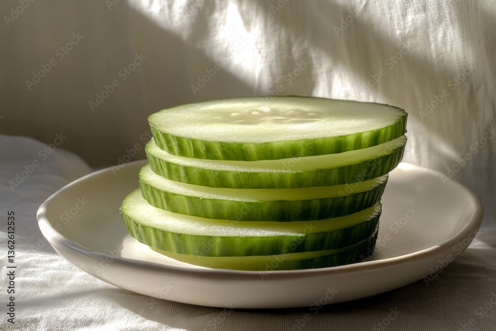 Aufkleber slices of fresh cucumber arranged neatly on a small white plate in soft natural light