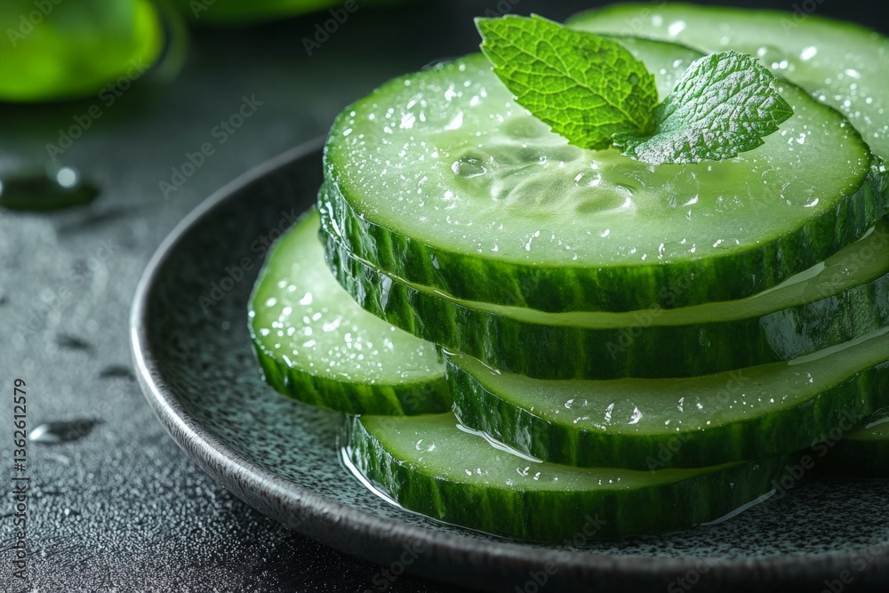 Poster fresh cucumber slices with mint leaves arranged on a black plate during daylight hours