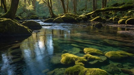 Fototapeta premium A serene forest scene with a clear stream and moss-covered rocks.