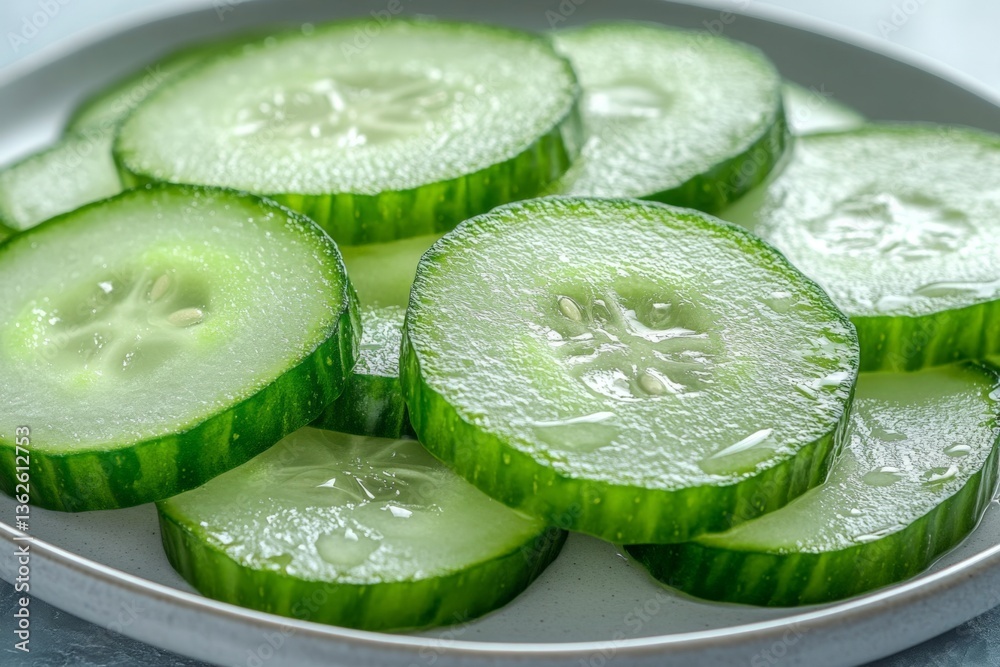 Poster fresh cucumber slices arranged on a plate ready for salads or snacks during a summer gathering