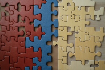Fototapeta premium Colorful Puzzle Pieces in Red, Blue, Yellow, and Beige Arranged Neatly