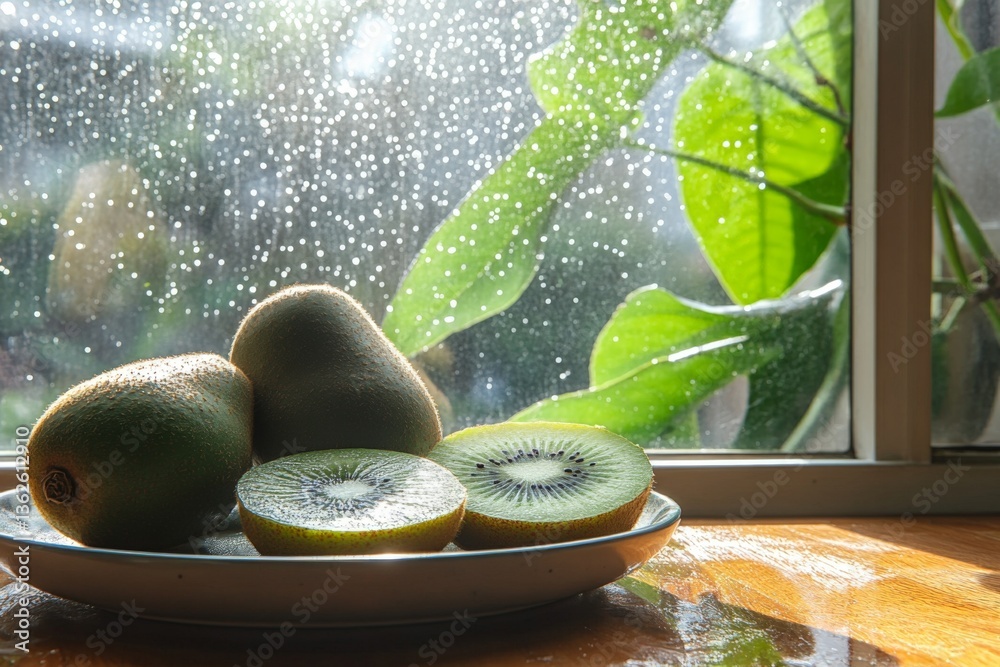 Poster freshly sliced kiwi and whole fruit on a plate by a rain-speckled window with greenery outside
