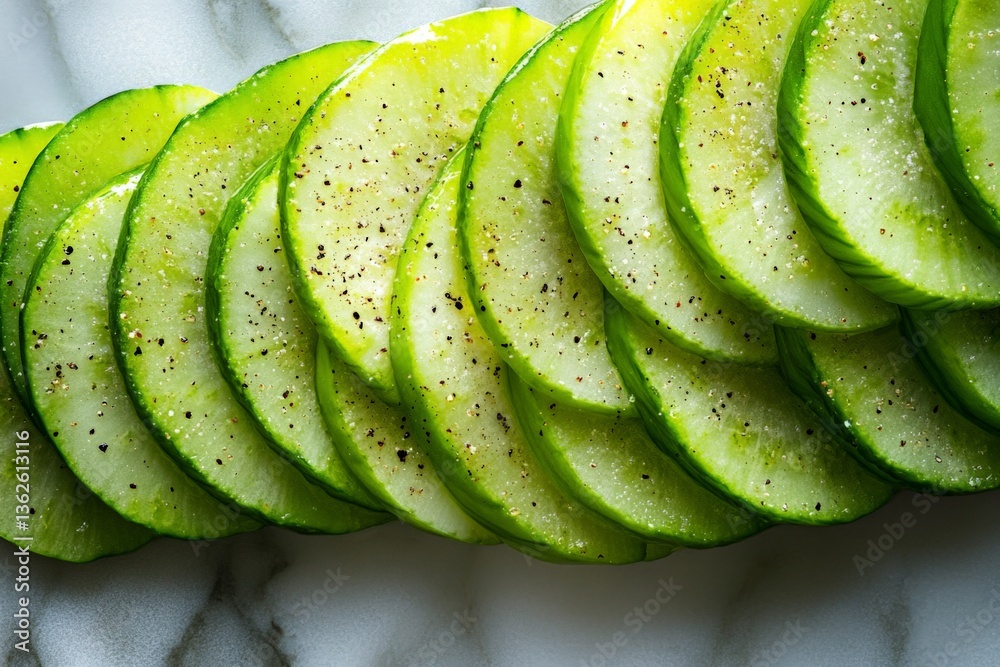 Poster Fresh cucumber slices arranged on a marble countertop with seasoning for a refreshing snack or salad garnish