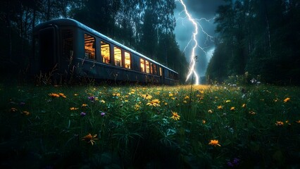 Fototapeta premium A vintage train car is surrounded by colorful flowers in a dramatic landscape, with lightning striking in the background. Concept Vintage Train Car, Colorful Flowers, Dramatic Landscape