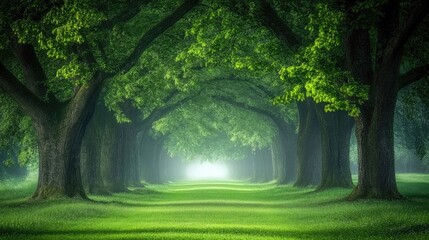 Obraz premium A foggy tree-lined path with soft diffused light filtering through the misty air