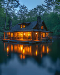 Obraz premium Lit log cabin on tranquil lake at twilight, with forest background