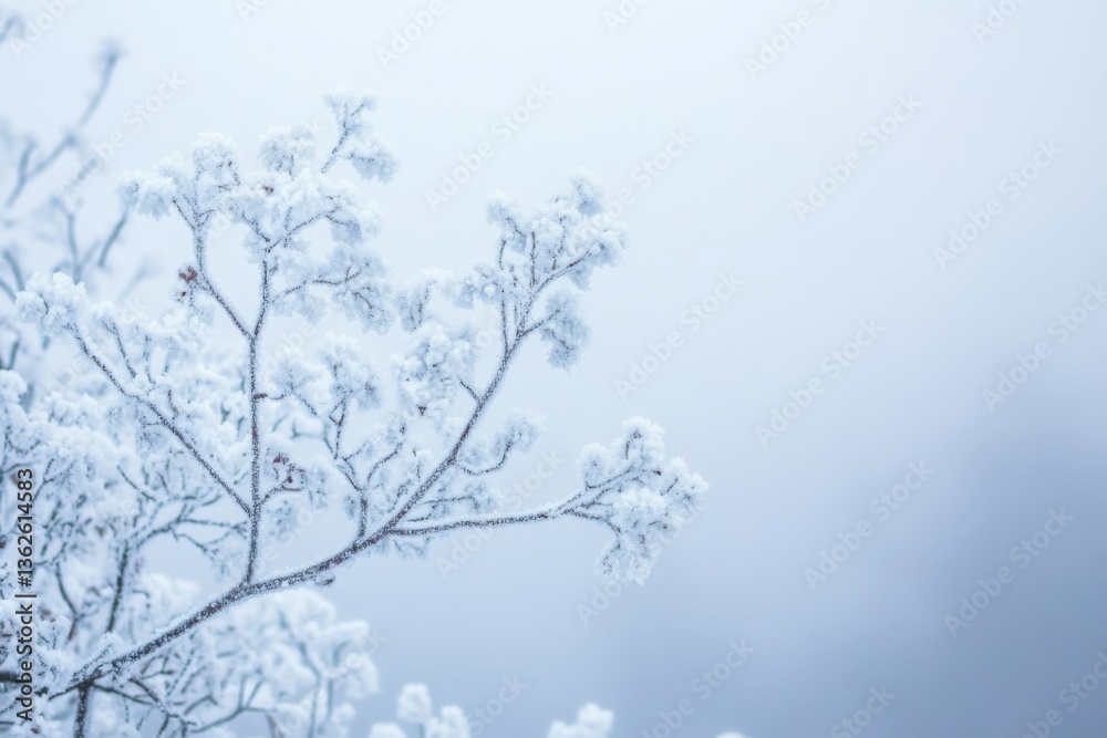 Poster frost-covered branches create a serene winter landscape in a quiet, snowy setting during early morni