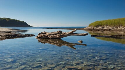 A serene landscape featuring clear water, a driftwood log, and lush greenery along the shore.